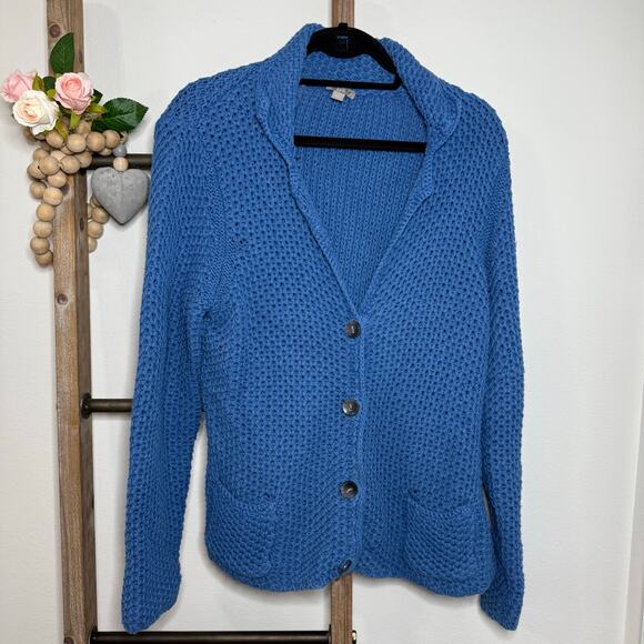J Jill Blue Collared Button Up Loose Knit Cardigan Sweater Size Large - Picture 1 of 7